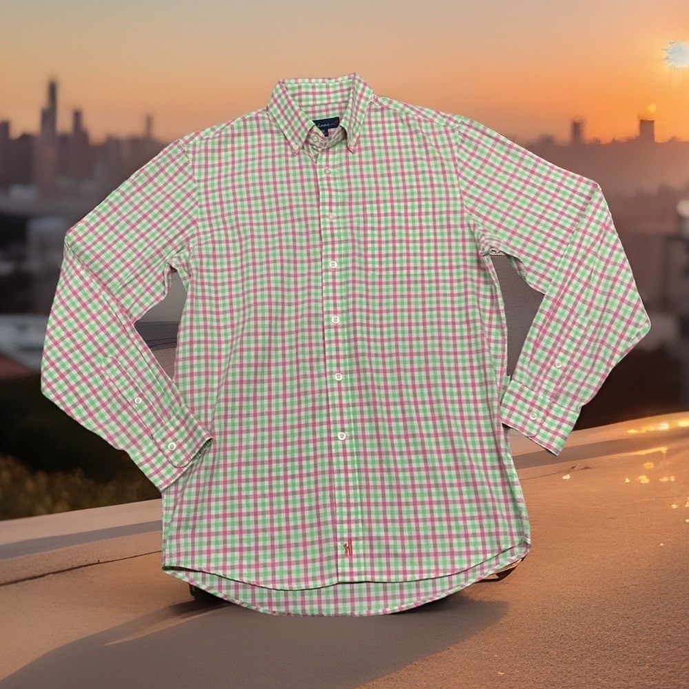 Johnnie-O Shirt Long Sleeve Button Up Pink Green Check Plaid Casual Preppy Men M